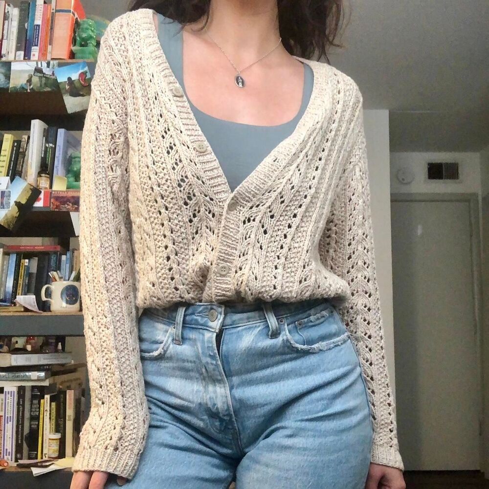 Vintage Eddie Bauer hand-knit beige crochet cardigan sweater